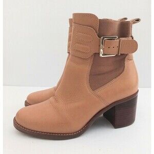 Jorge Bischoff Tan Leather Ankle Boot Gold Buckle Strap Block Heel Sz 6